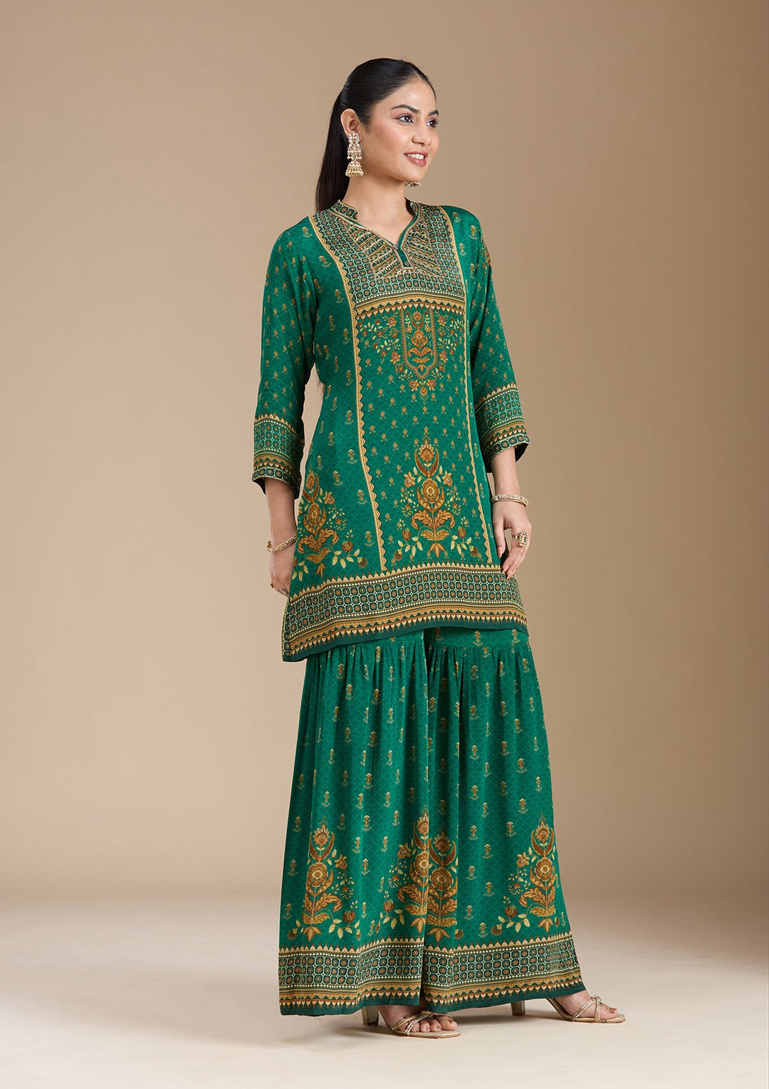 Teal Green Printed Crepe Readymade Salwar Suit_koskii