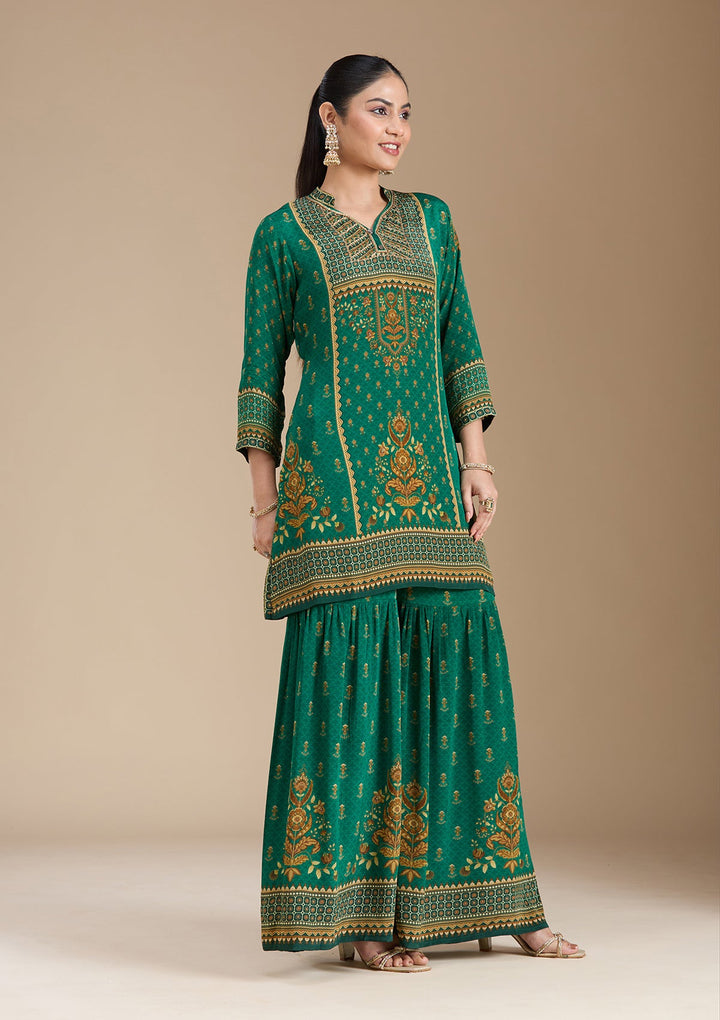 Teal Green Printed Crepe Readymade Salwar Suit_koskii
