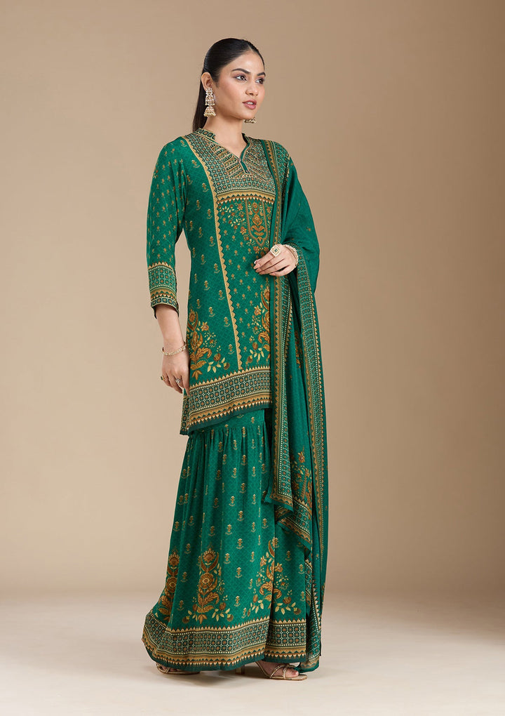 Teal Green Printed Crepe Readymade Salwar Suit_koskii