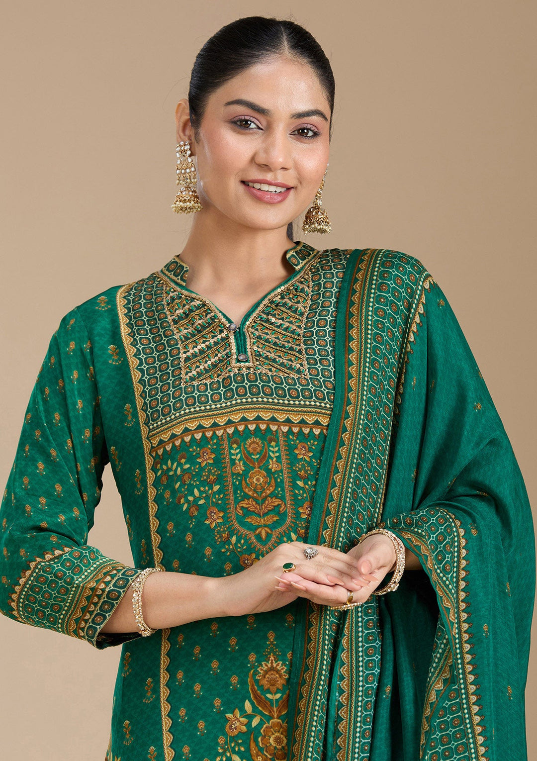 Teal Green Printed Crepe Readymade Salwar Suit_koskii