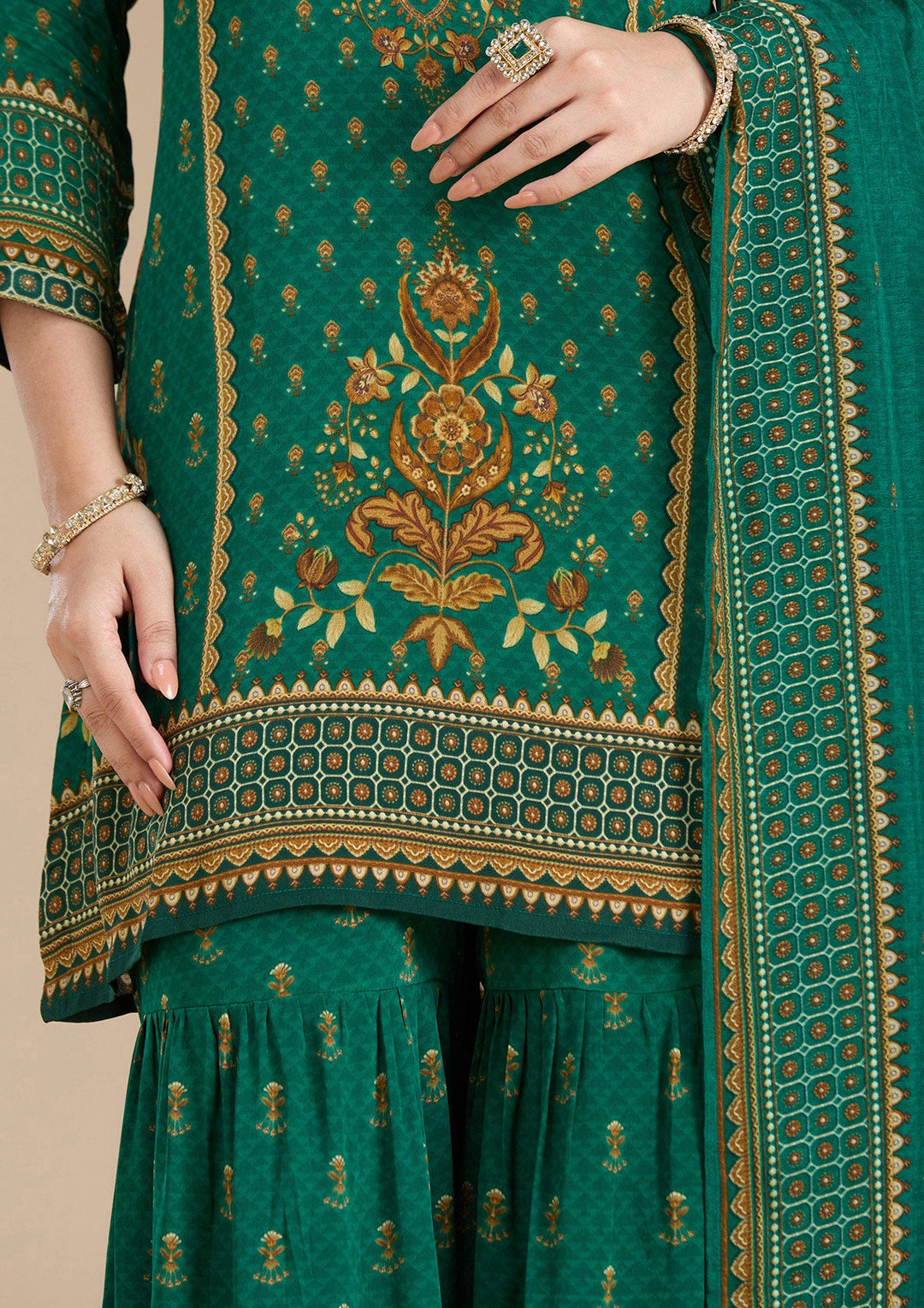 Teal Green Printed Crepe Readymade Salwar Suit_koskii