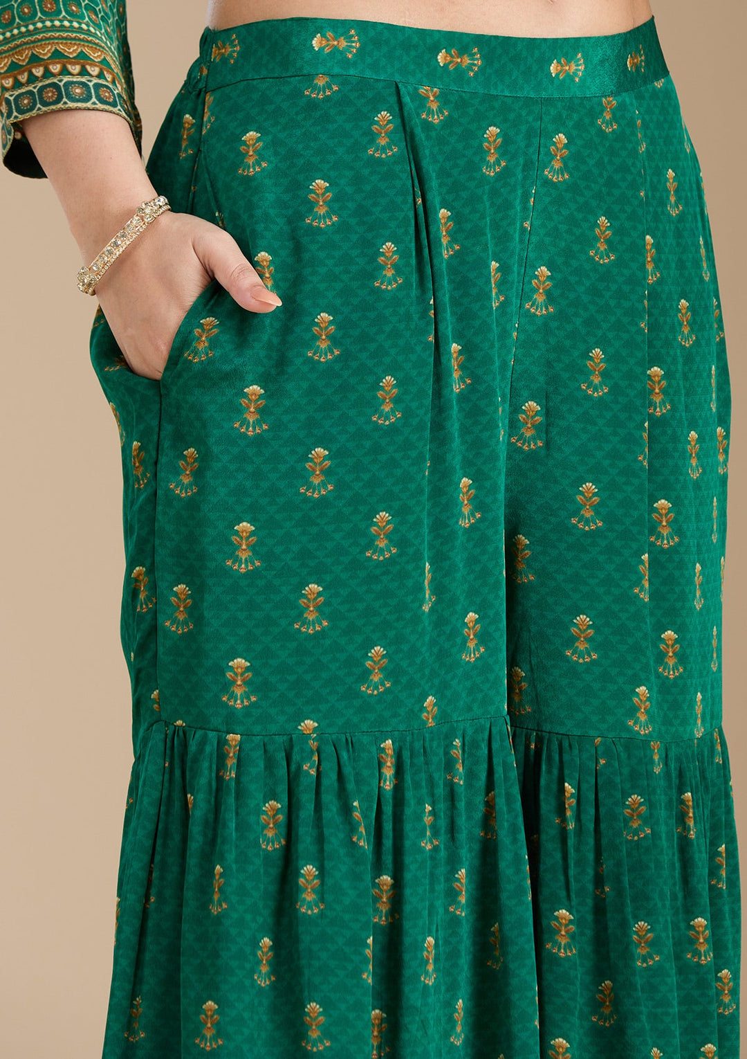 Teal Green Printed Crepe Readymade Salwar Suit_koskii
