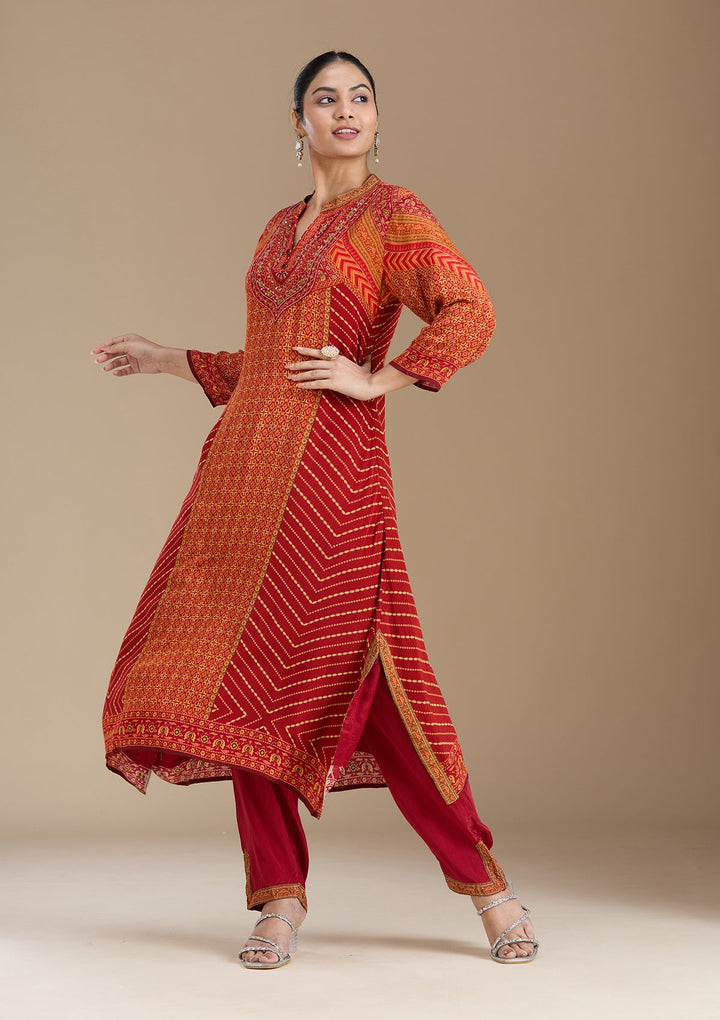 Orange Printed Crepe Readymade Salwar Suit_koskii