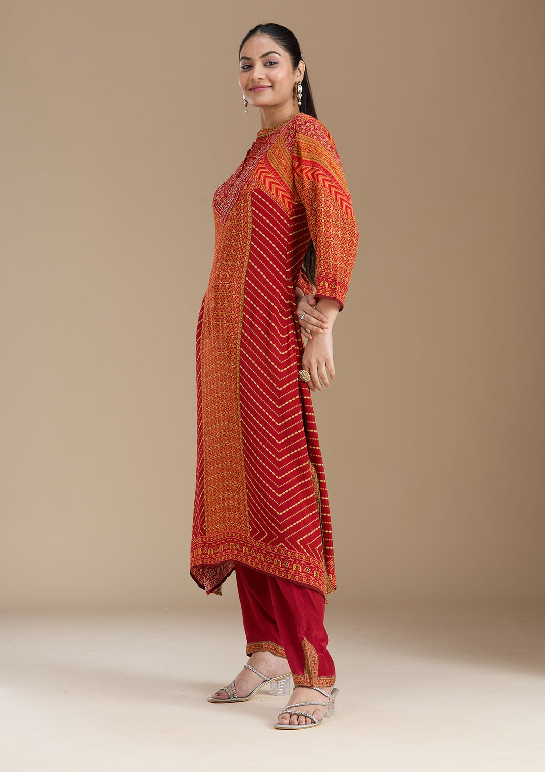 Orange Printed Crepe Readymade Salwar Suit_koskii