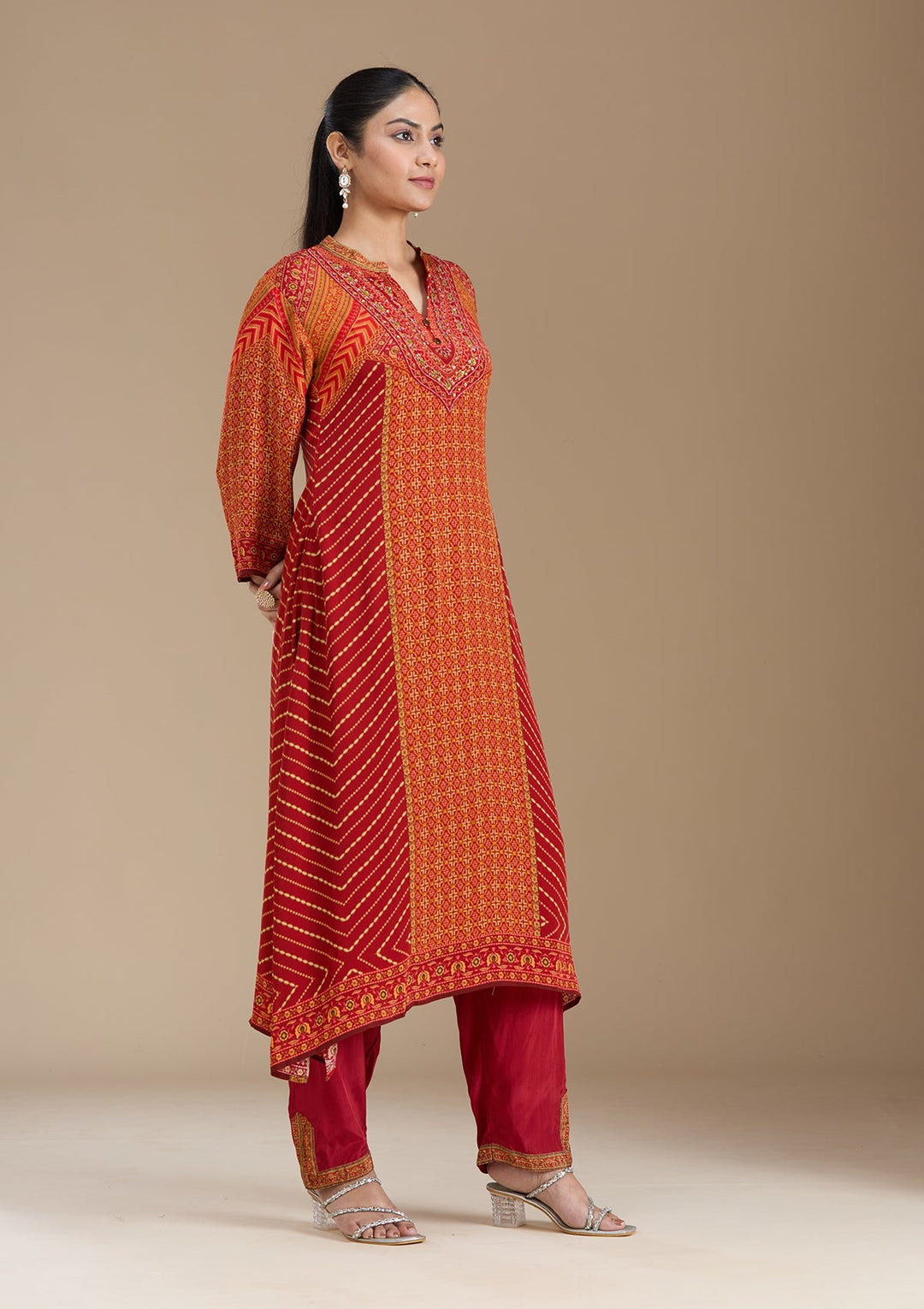 Orange Printed Crepe Readymade Salwar Suit_koskii
