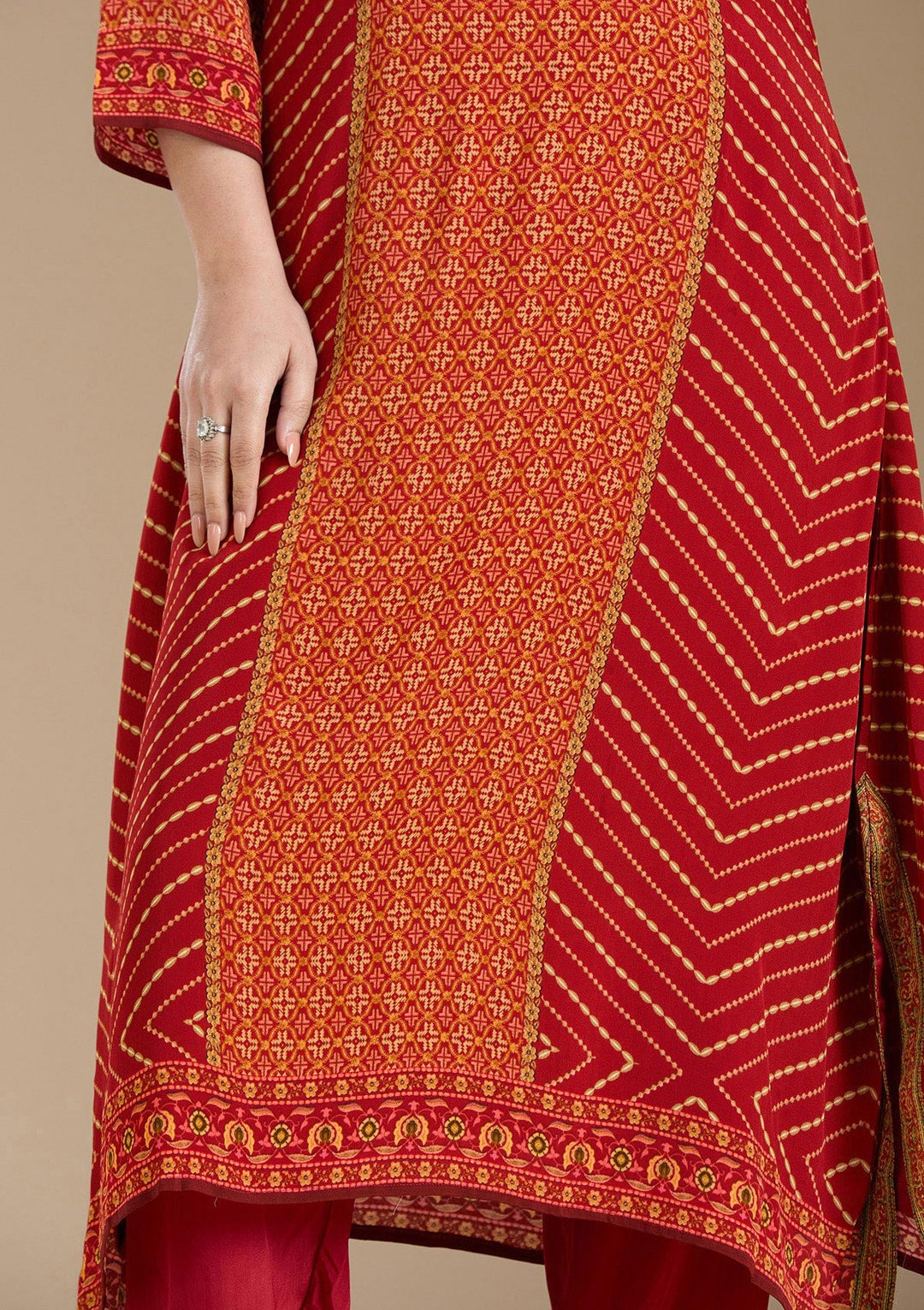 Orange Printed Crepe Readymade Salwar Suit_koskii