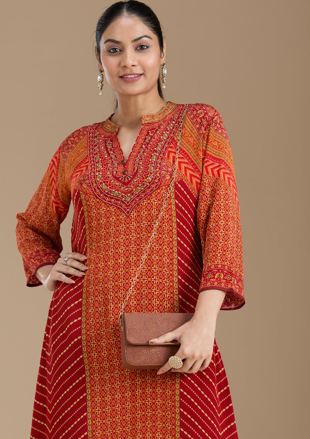 Orange Printed Crepe Readymade Salwar Suit_koskii