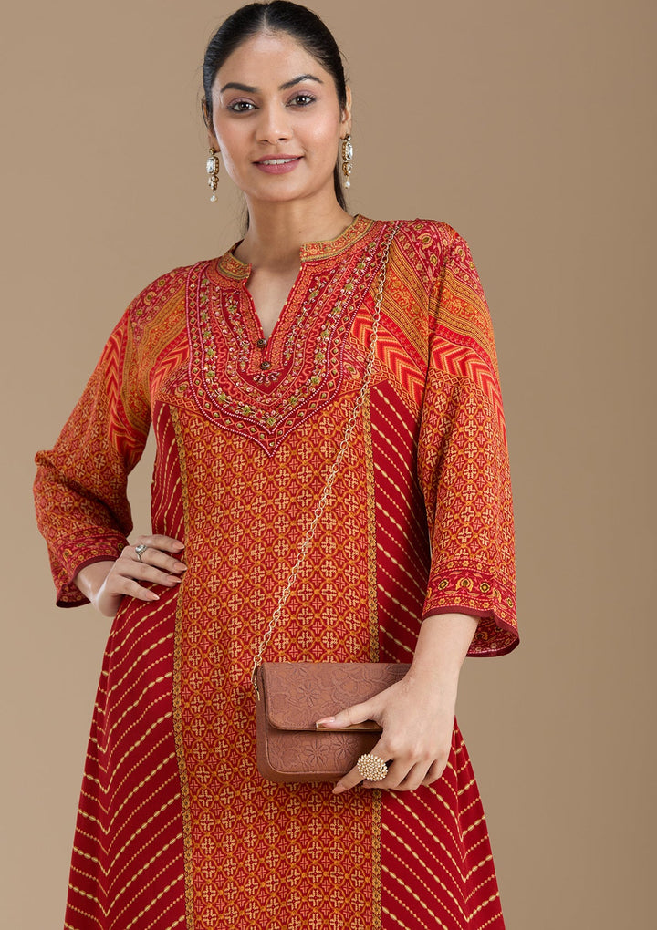 Orange Printed Crepe Readymade Salwar Suit_koskii