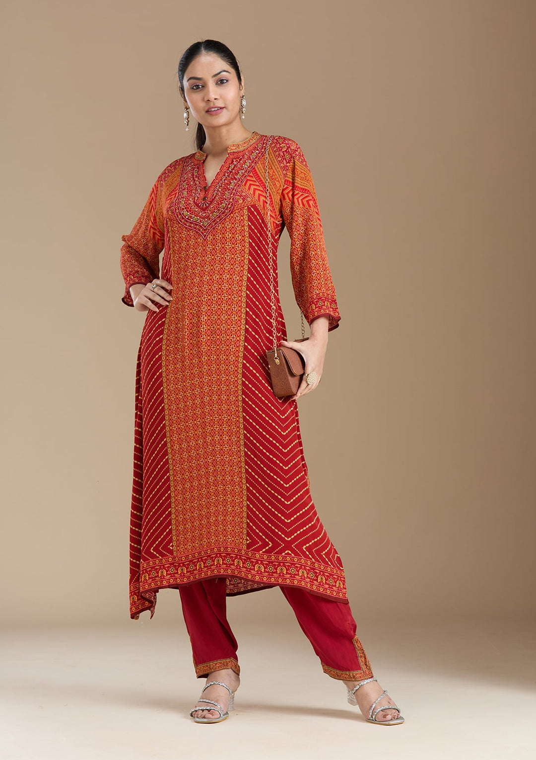 Orange Printed Crepe Readymade Salwar Suit_koskii