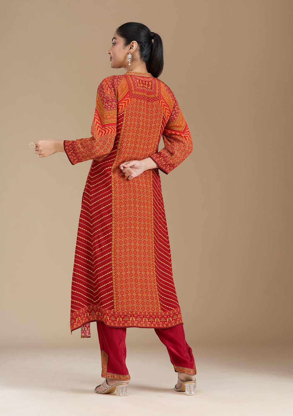 Orange Printed Crepe Readymade Salwar Suit_koskii