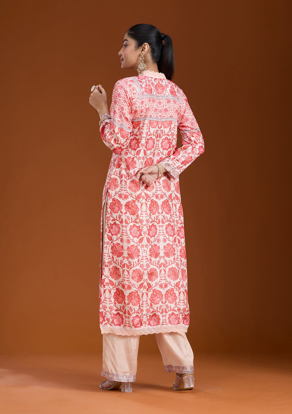 Beige Printed Crepe Readymade Salwar Suit_koskii