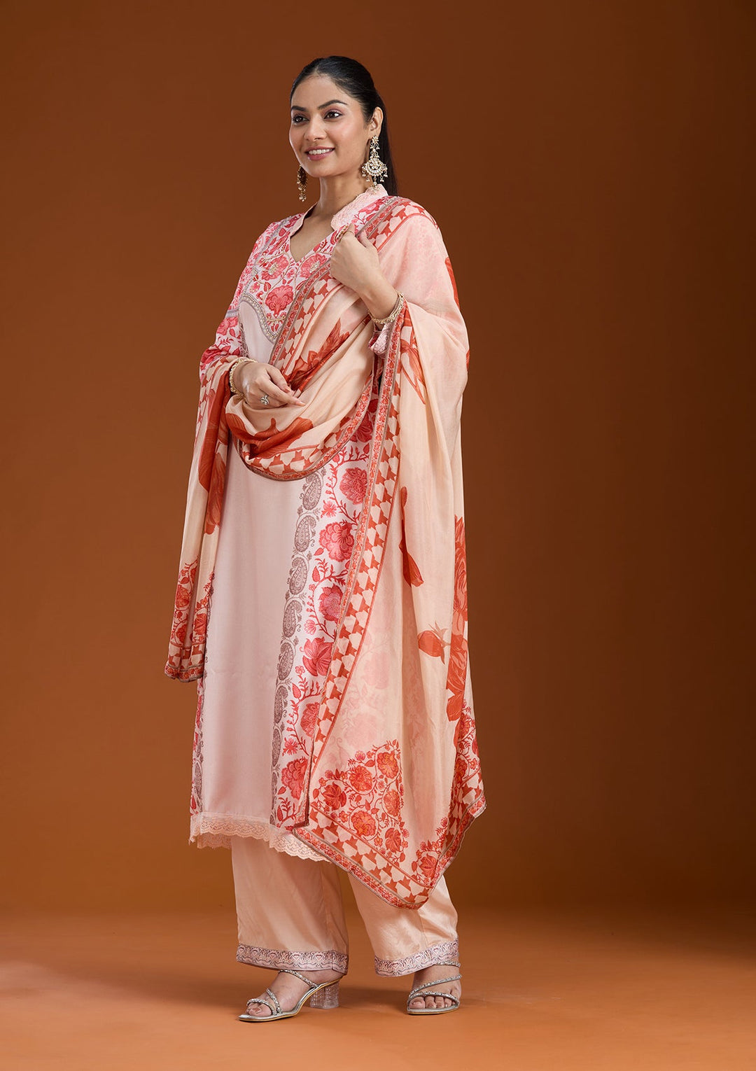 Beige Printed Crepe Readymade Salwar Suit_koskii