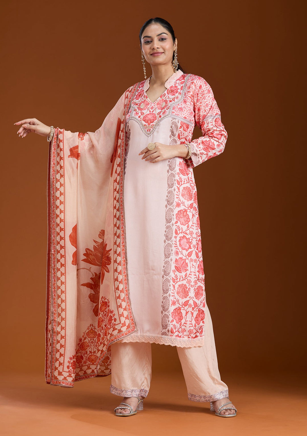 Beige Printed Crepe Readymade Salwar Suit_koskii