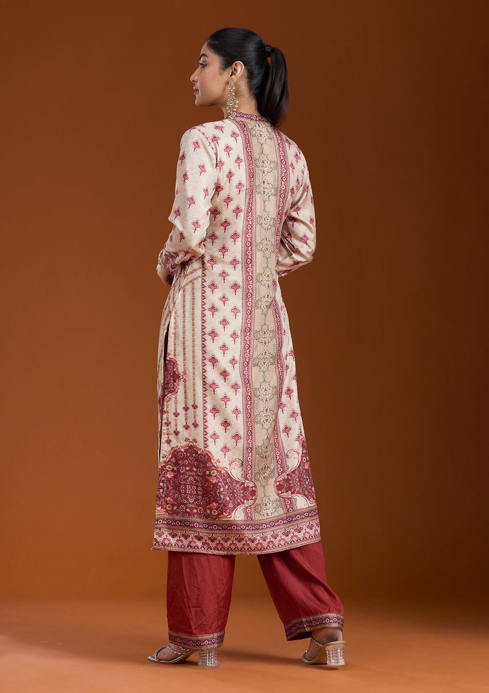 Beige Printed Crepe Readymade Salwar Suit_koskii