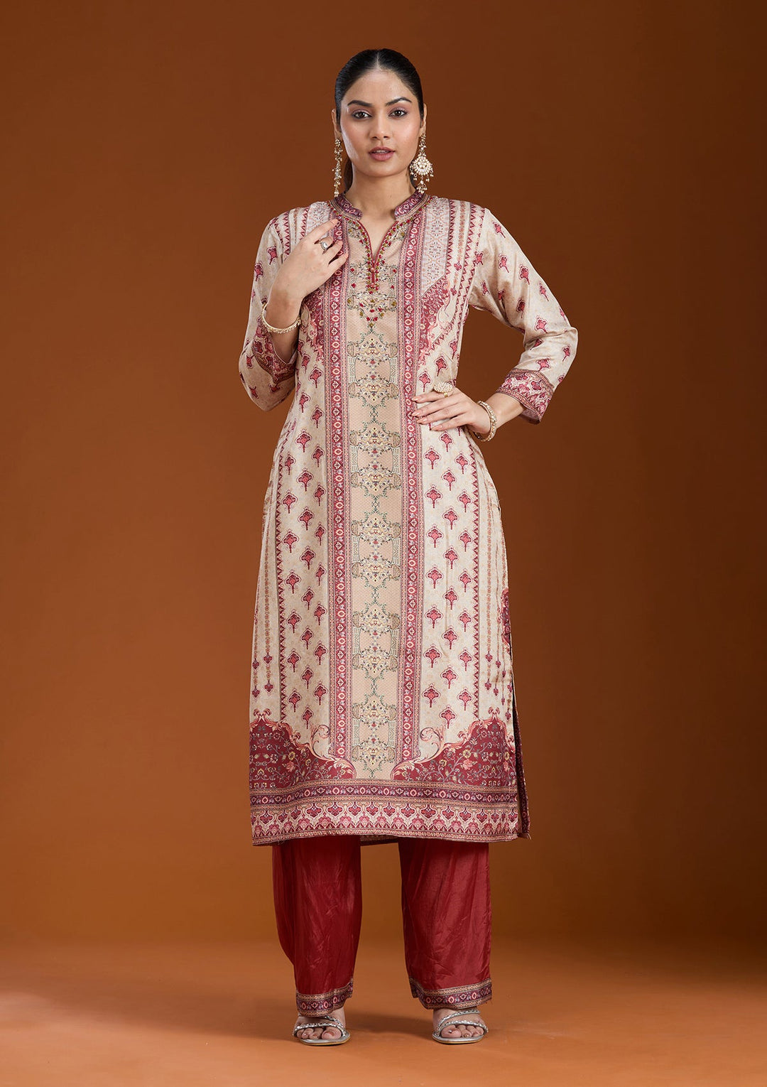 Beige Printed Crepe Readymade Salwar Suit_koskii