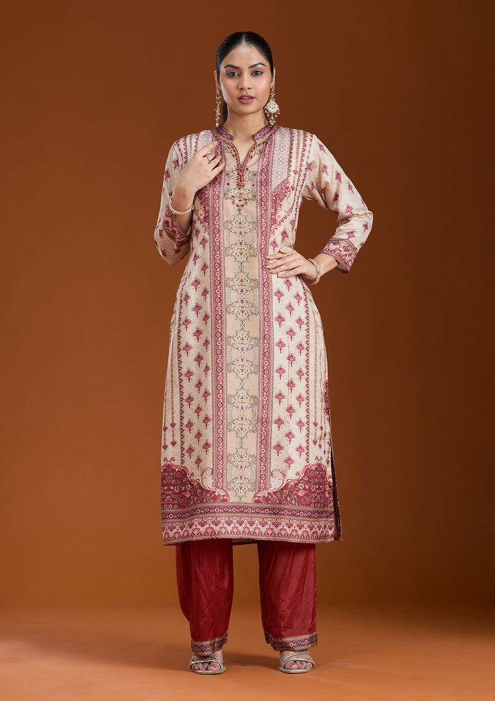 Beige Printed Crepe Readymade Salwar Suit_koskii
