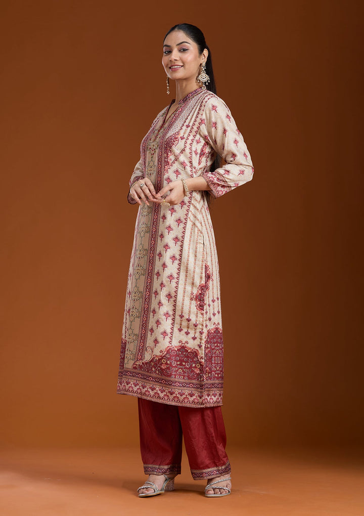 Beige Printed Crepe Readymade Salwar Suit_koskii