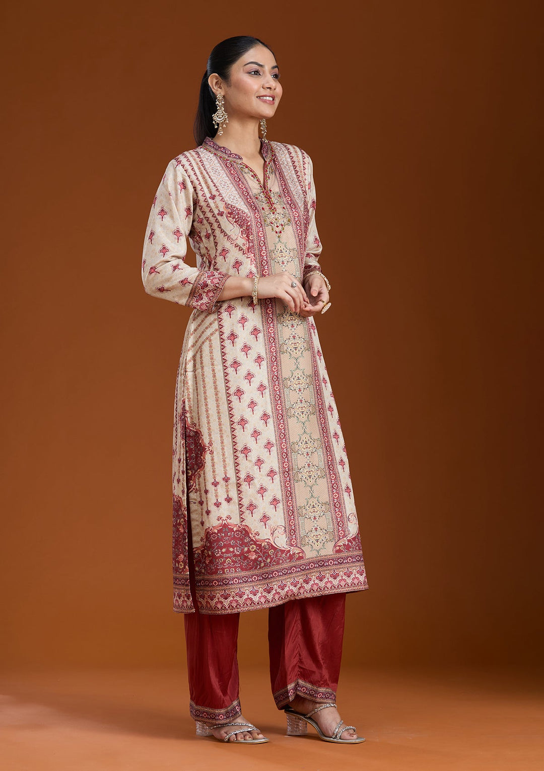 Beige Printed Crepe Readymade Salwar Suit_koskii