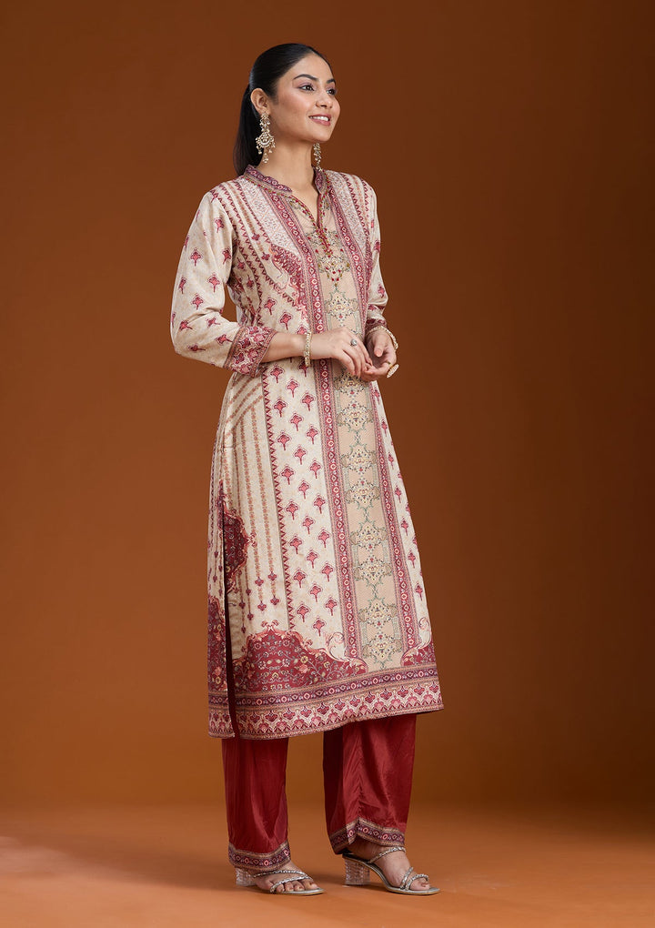 Beige Printed Crepe Readymade Salwar Suit_koskii