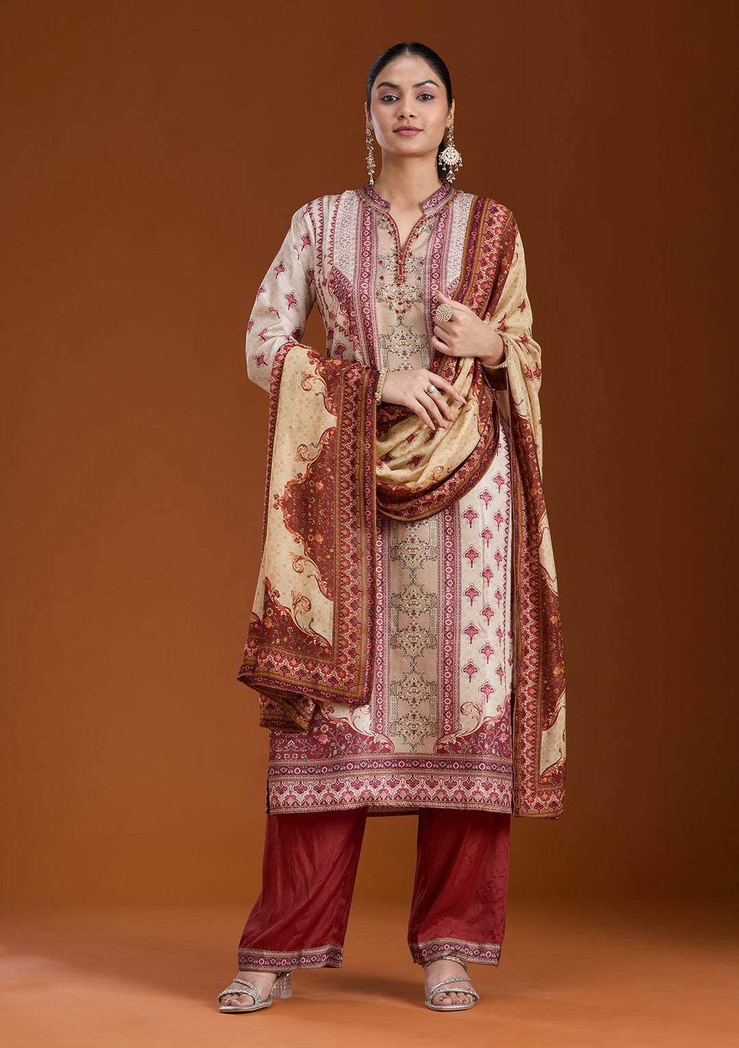 Beige Printed Crepe Readymade Salwar Suit_koskii