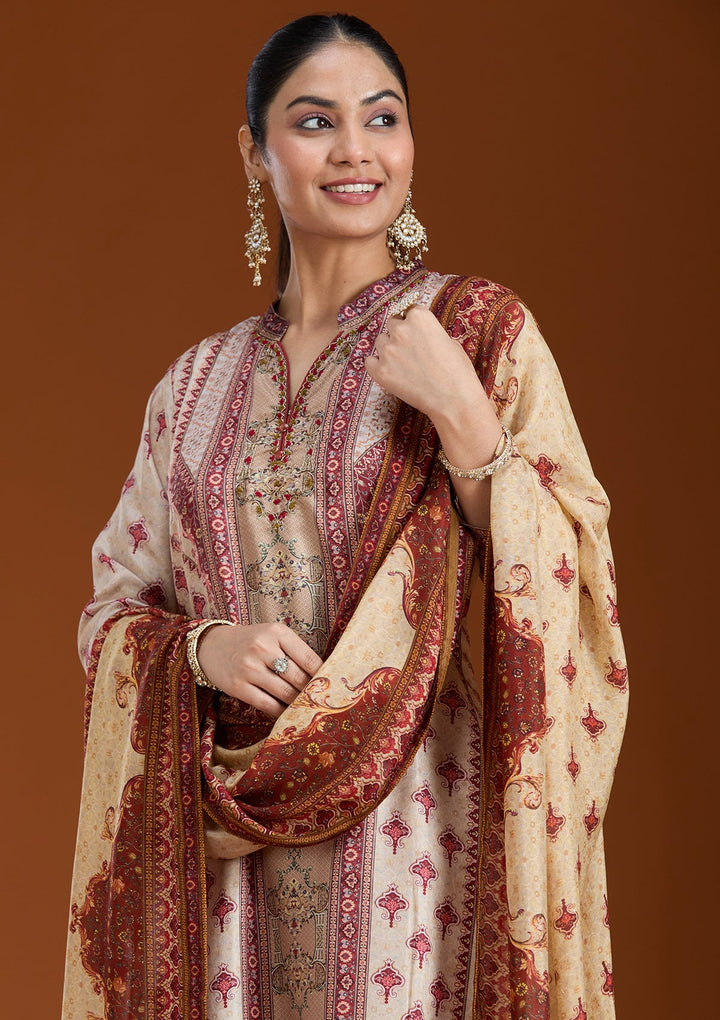 Beige Printed Crepe Readymade Salwar Suit_koskii