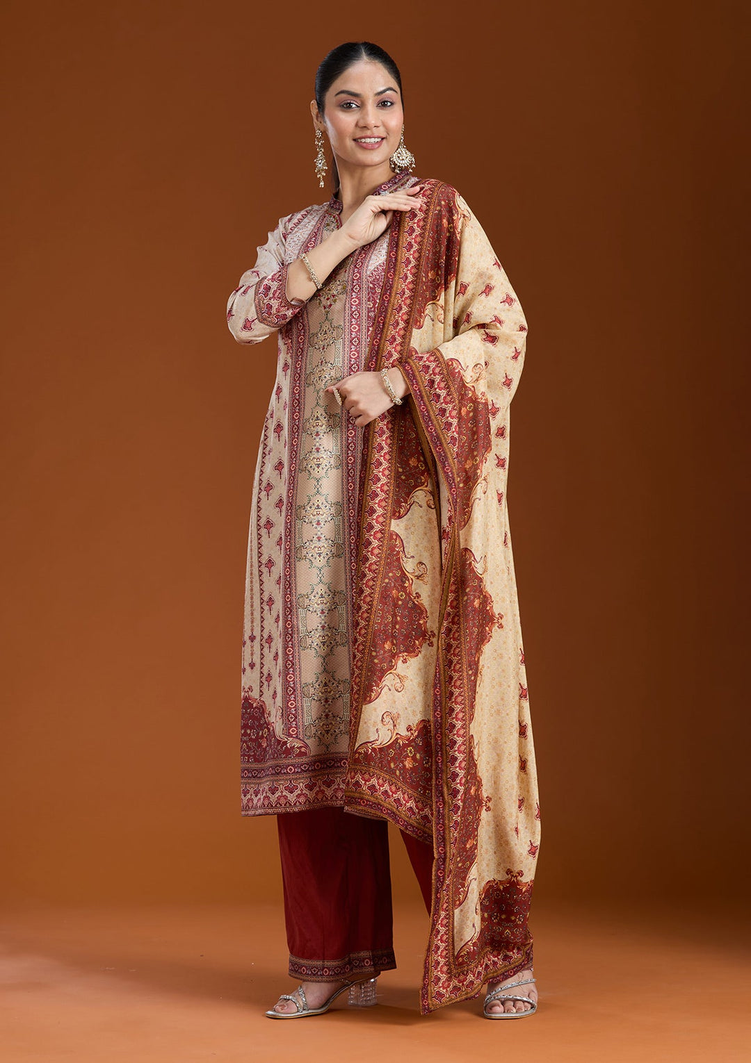 Beige Printed Crepe Readymade Salwar Suit_koskii