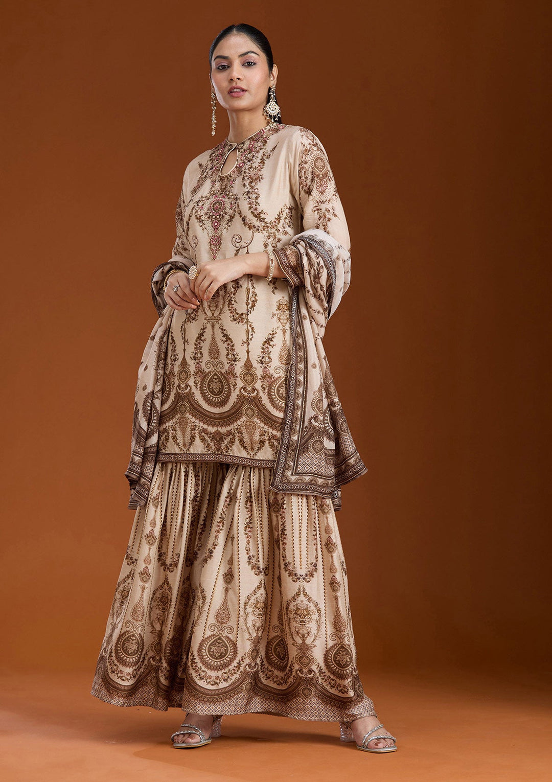 Off White Printed Crepe Readymade Salwar Suit_koskii