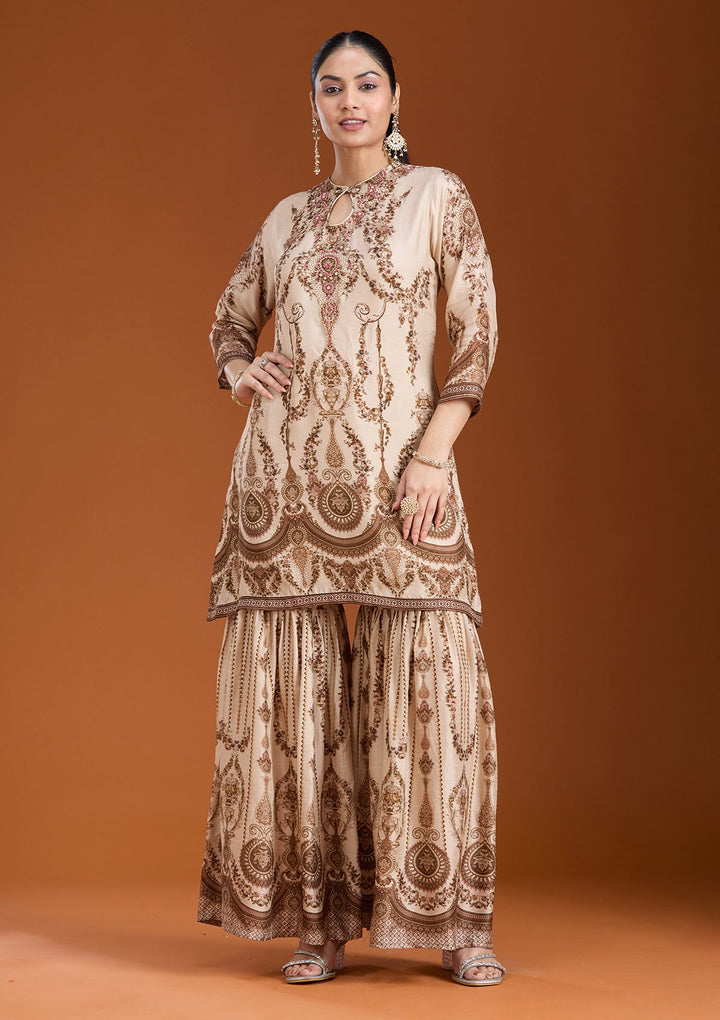 Off White Printed Crepe Readymade Salwar Suit_koskii