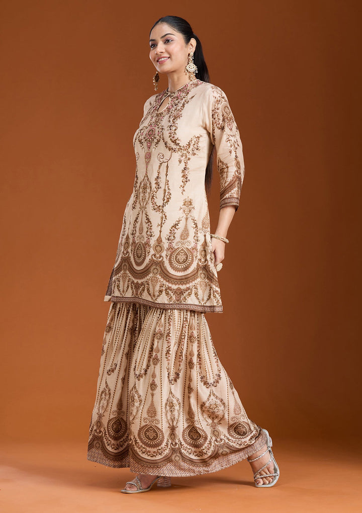 Off White Printed Crepe Readymade Salwar Suit_koskii