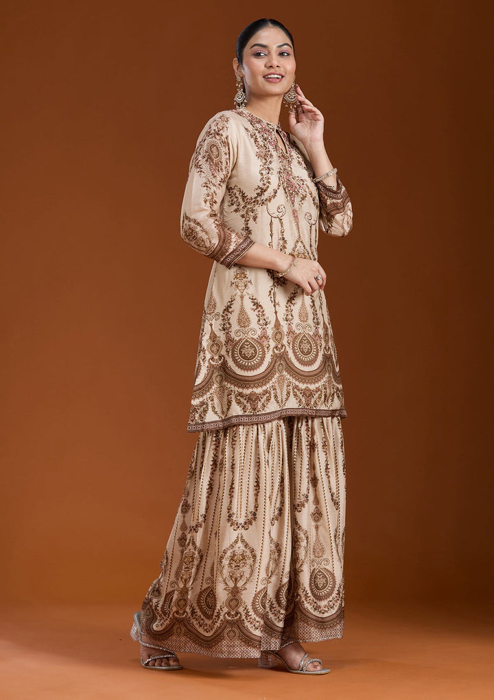 Off White Printed Crepe Readymade Salwar Suit_koskii