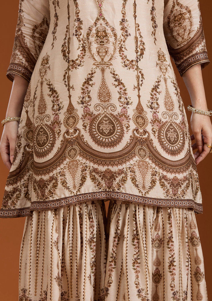 Off White Printed Crepe Readymade Salwar Suit_koskii