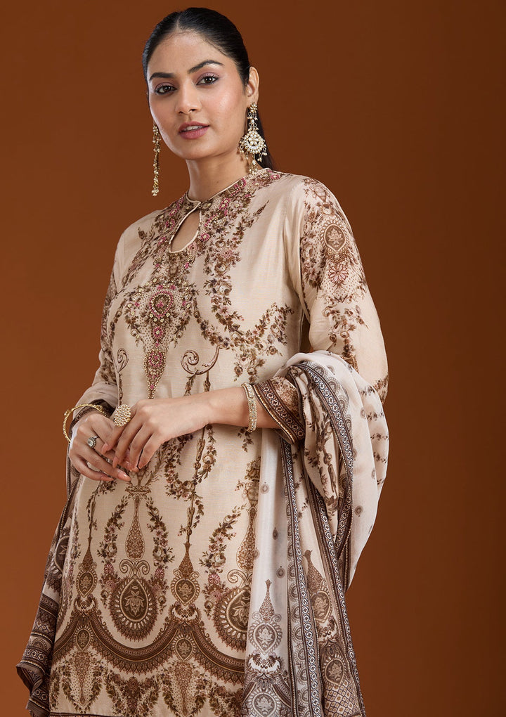 Off White Printed Crepe Readymade Salwar Suit_koskii
