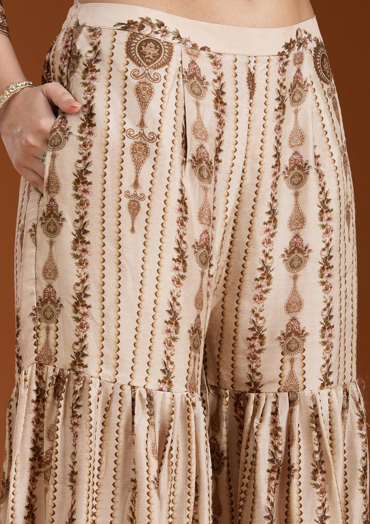 Off White Printed Crepe Readymade Salwar Suit_koskii