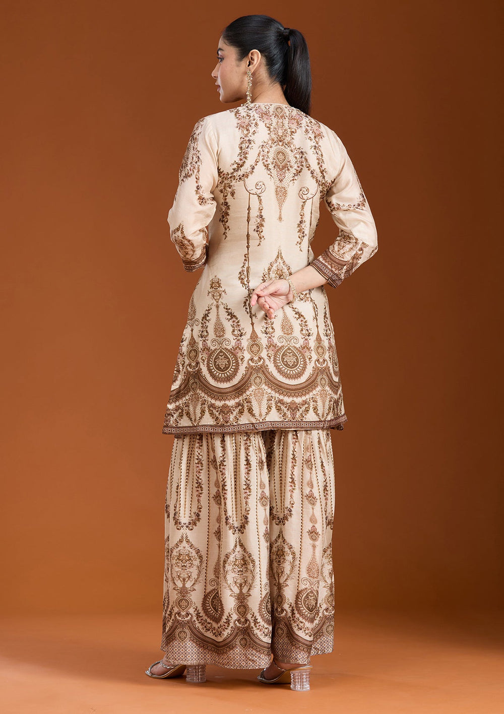 Off White Printed Crepe Readymade Salwar Suit_koskii