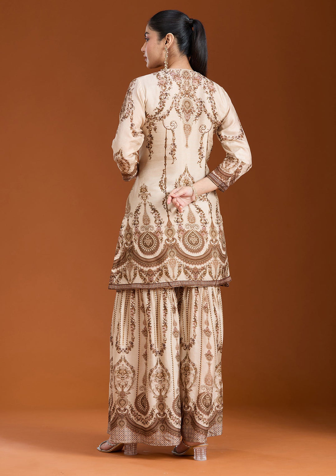 Off White Printed Crepe Readymade Salwar Suit_koskii