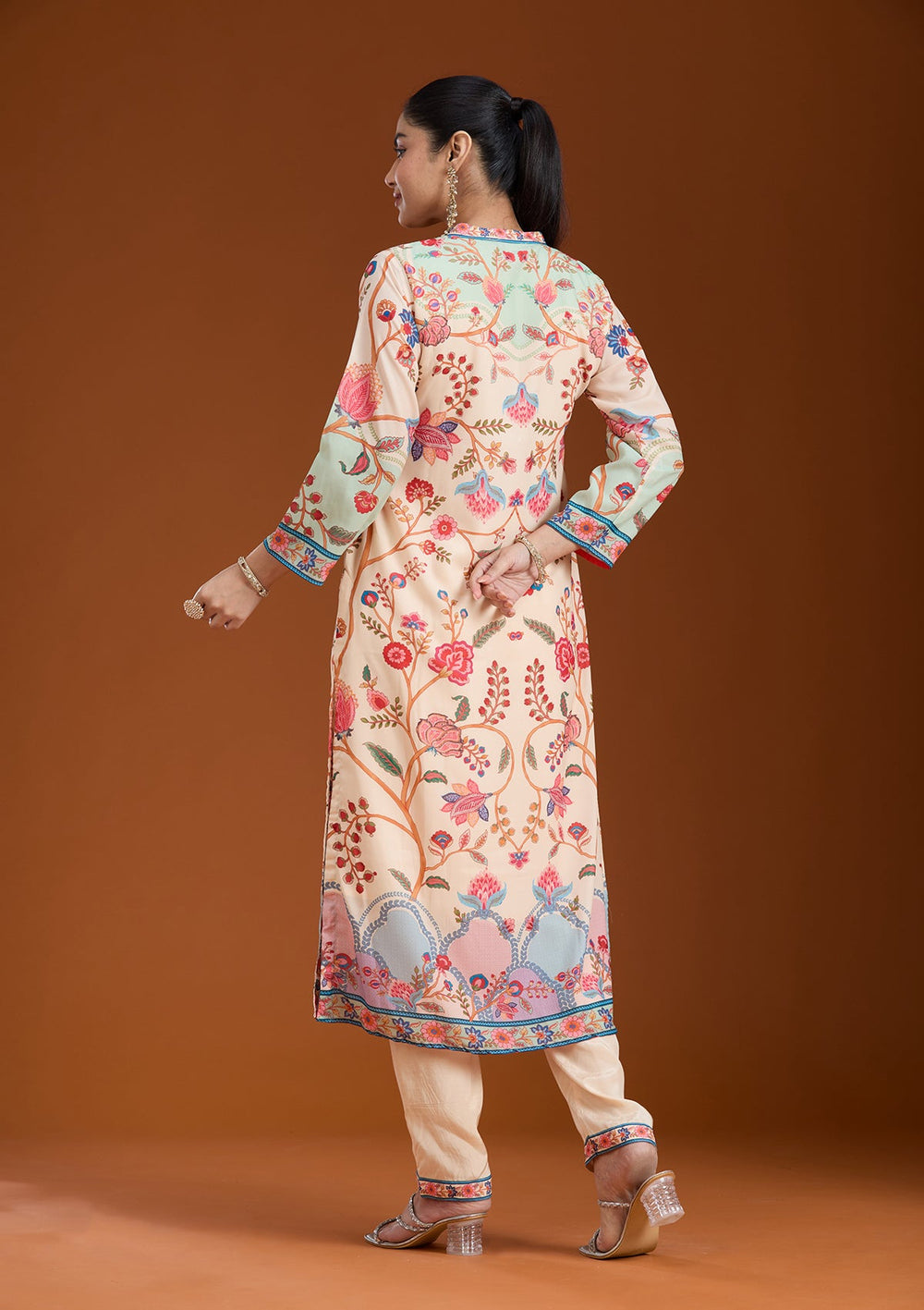 Beige Printed Crepe Readymade Salwar Suit_koskii