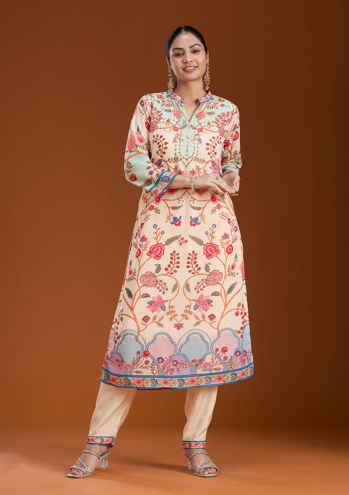 Beige Printed Crepe Readymade Salwar Suit_koskii