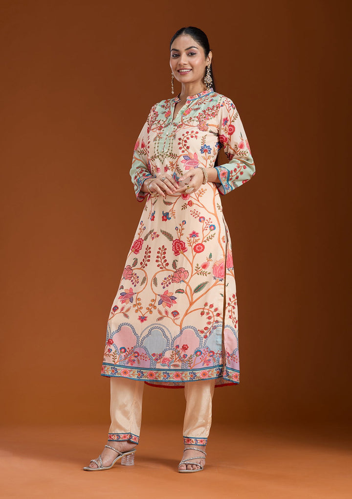 Beige Printed Crepe Readymade Salwar Suit_koskii