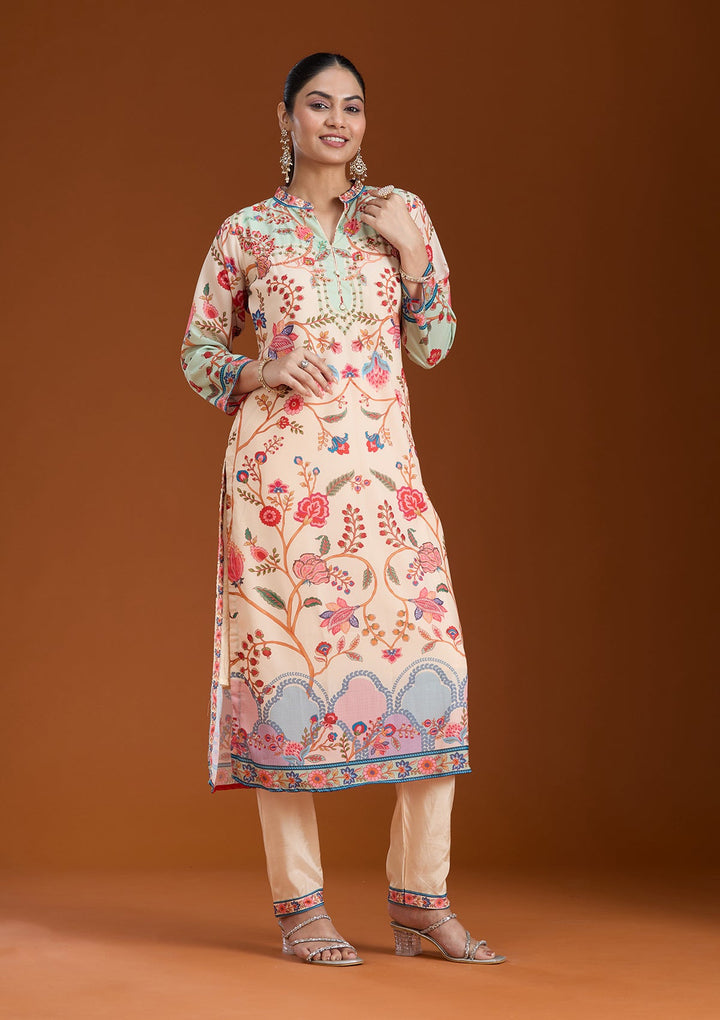 Beige Printed Crepe Readymade Salwar Suit_koskii