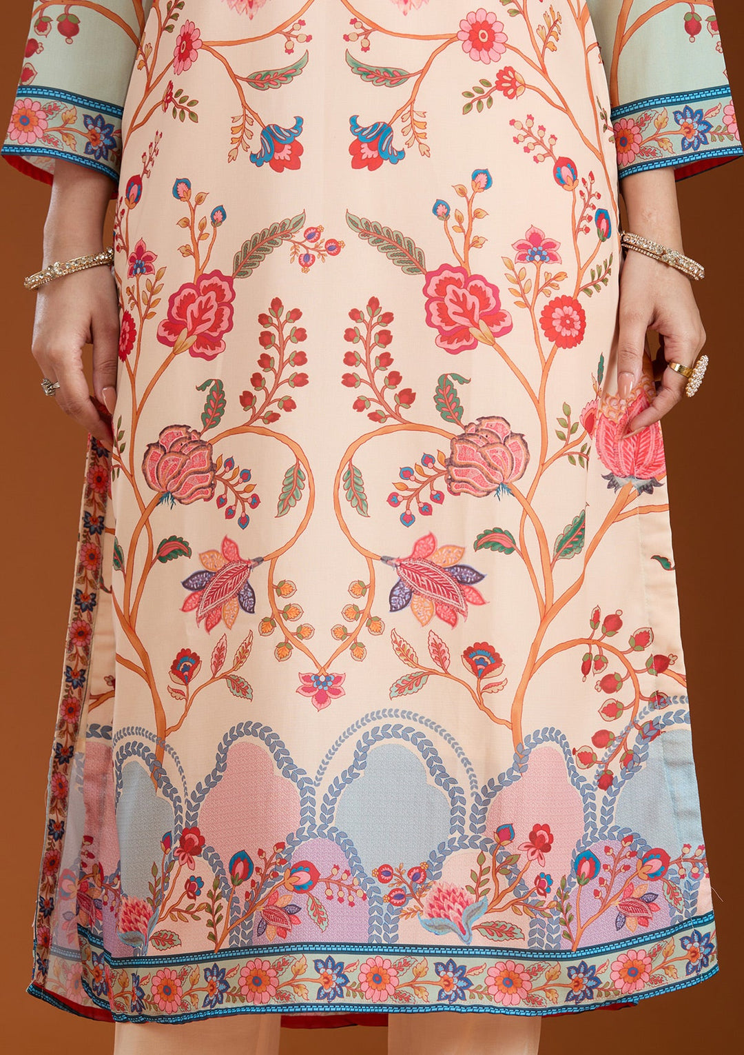 Beige Printed Crepe Readymade Salwar Suit_koskii