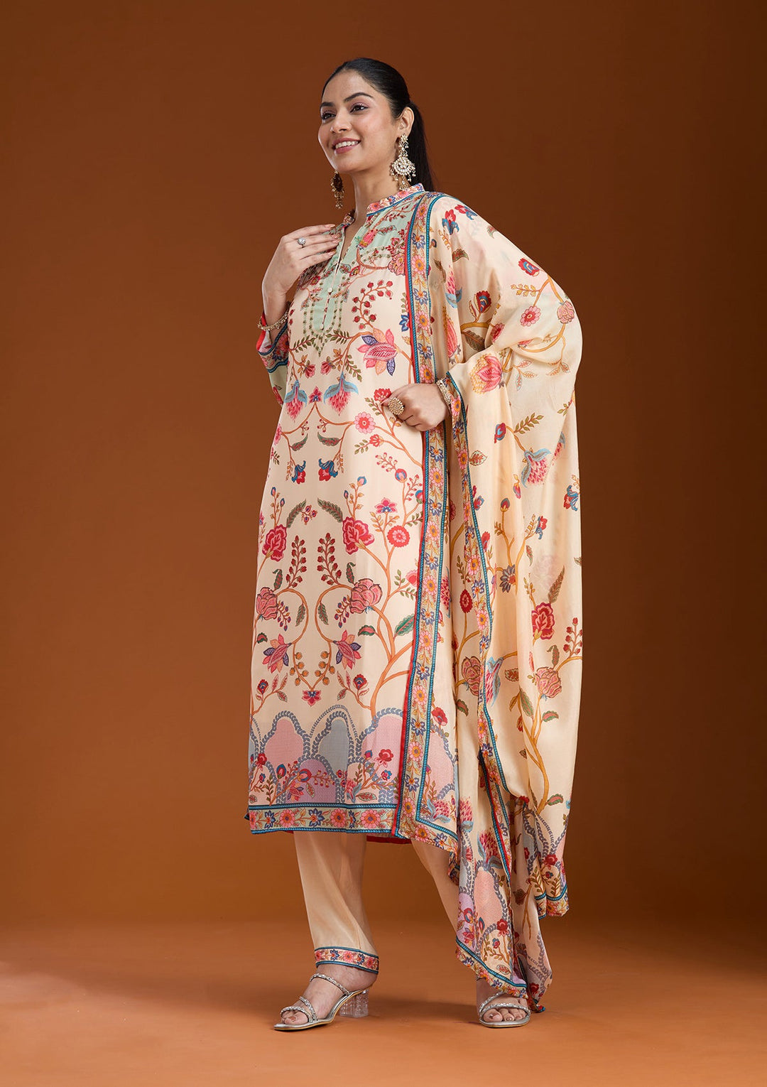 Beige Printed Crepe Readymade Salwar Suit_koskii