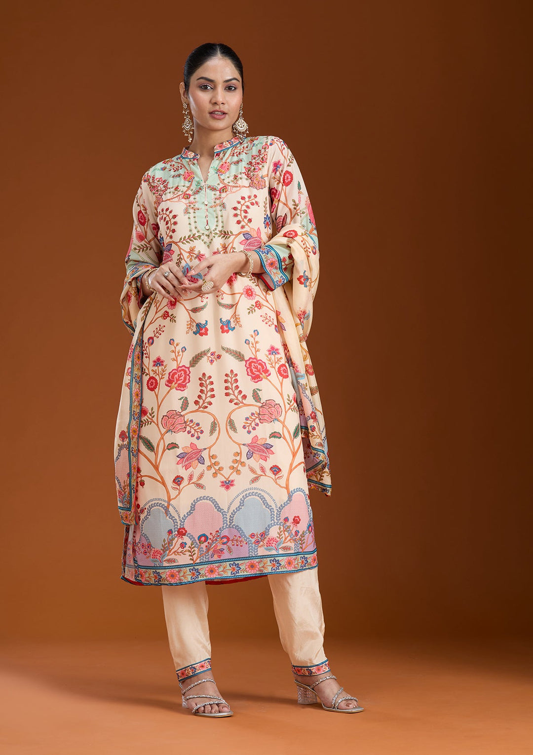 Beige Printed Crepe Readymade Salwar Suit_koskii