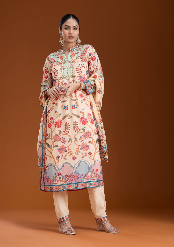 Beige Printed Crepe Readymade Salwar Suit_koskii