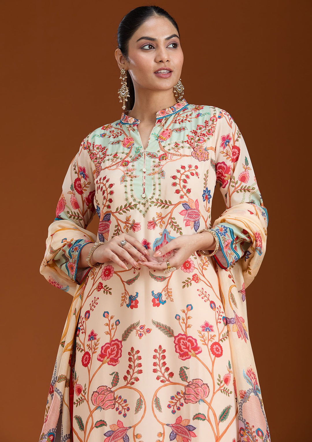 Beige Printed Crepe Readymade Salwar Suit_koskii