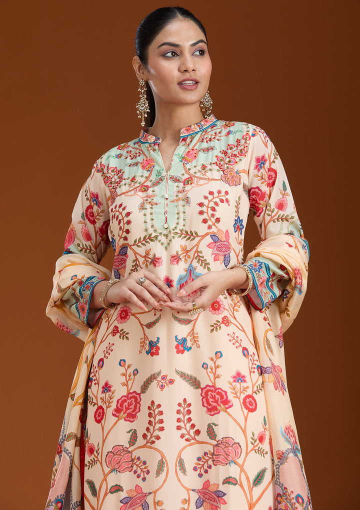Beige Printed Crepe Readymade Salwar Suit_koskii