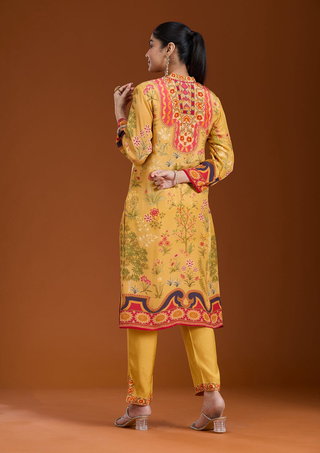 Mustard Yellow Printed Crepe Readymade Salwar Suit_koskii