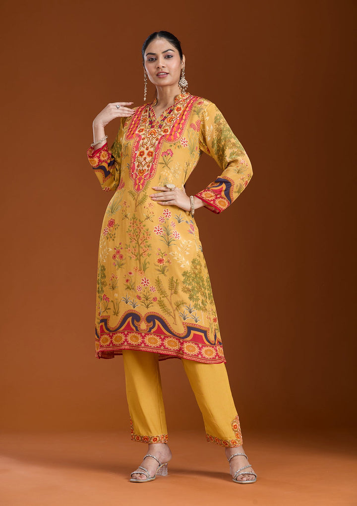 Mustard Yellow Printed Crepe Readymade Salwar Suit_koskii