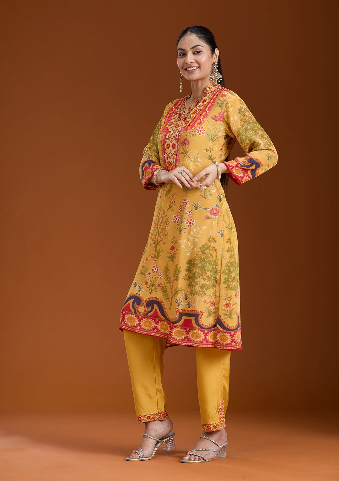 Mustard Yellow Printed Crepe Readymade Salwar Suit_koskii