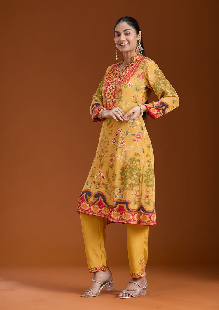 Mustard Yellow Printed Crepe Readymade Salwar Suit_koskii