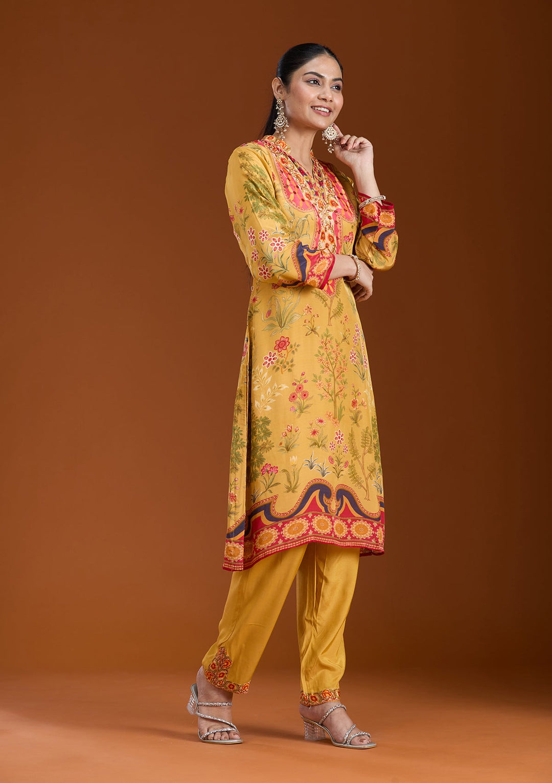 Mustard Yellow Printed Crepe Readymade Salwar Suit_koskii